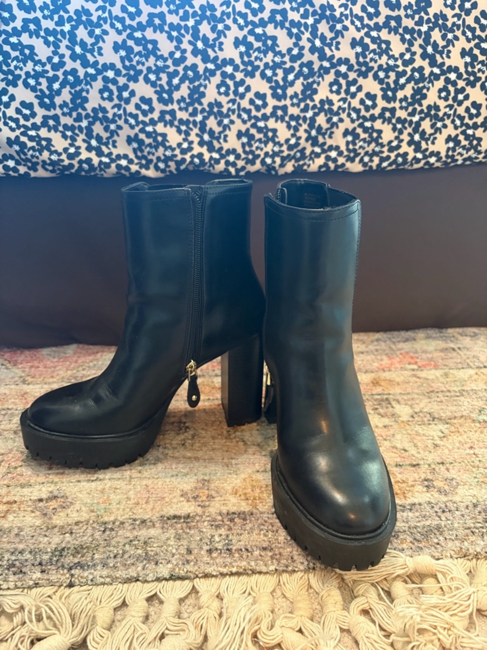 Black Platform Block Heel Ankle Boots - Women